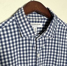 Mizzen  Main Navy Gingham Plaid Button Front Performance Shirt Medium Trim Fit