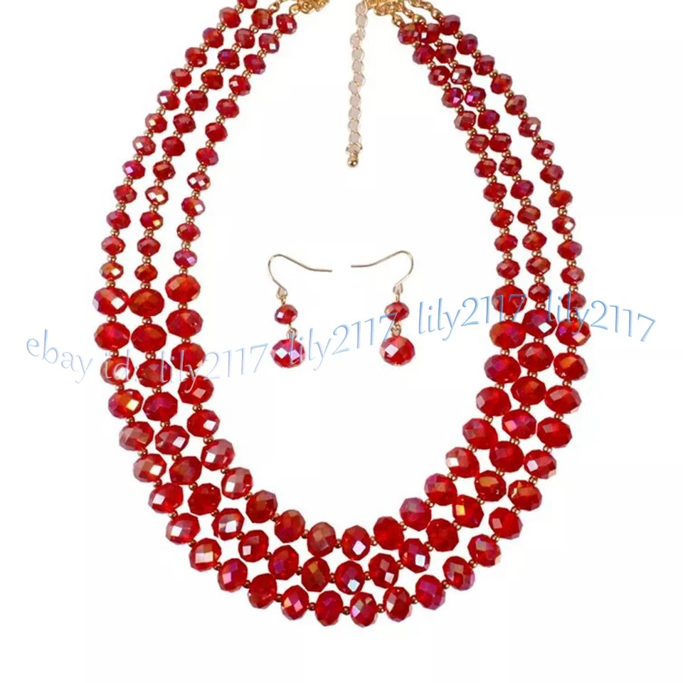 Conjunto de aretes collar cuentas rondelle cristal rojo facetado 3 filas para mujer Foto 4 de 4