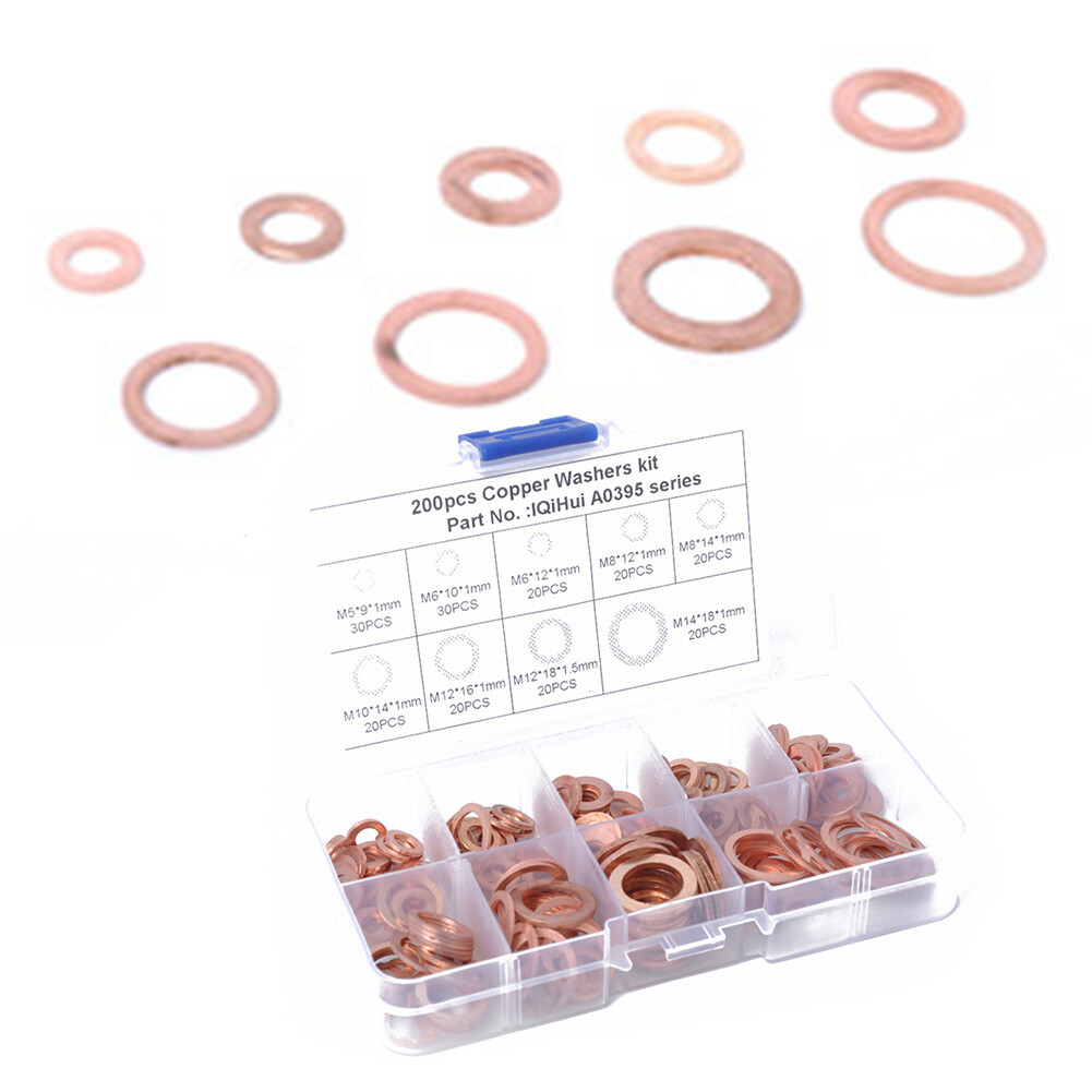 200pcs 9 Sizes Solid Copper Crush Washers Assorted Seal Flat Ring Hardware kit