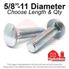 5/8"-11 Grade 5 Full Thread Round Head Carriage Bolts Zinc (Pick Length & Qty)