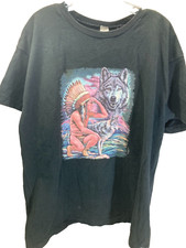 VINTAGE 90 s SINGLE STITCH NATIVE AMERICAN/WOLVES T-SHIRT SIZE XL BLACK MADE USA