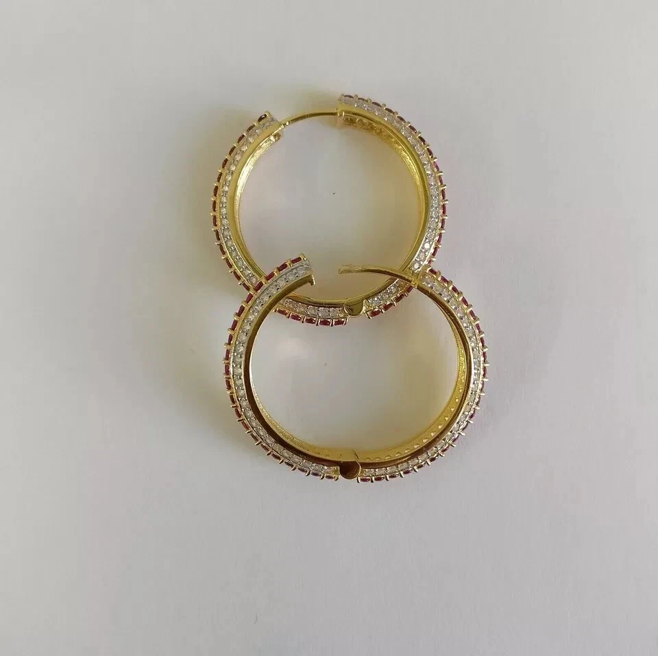 1.10Ct Round Cut Lab Created Red Ruby Women Hoop Earrings 14K Yellow Gold Plated - Image 2 of 4