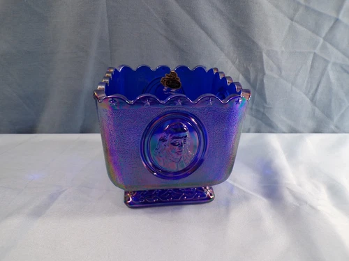 Fenton Blue Carnival Glass Planter w/ Patriotic Design Washington Jefferson