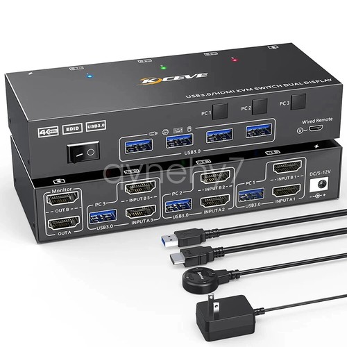 4K KVM Switch 3 Computers 2 Monitors, HDMI USB 3.0 KVM Switcher w/ EDID Emulator - Picture 22 of 27
