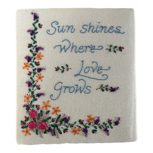 Completed Ribbon Embroidery Flowers Picture Sun Shines Where Love Grows 8 x 9