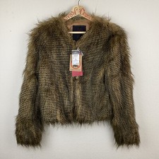 Yoki Brown Vegan Fur Jacket Medium Long Sleeve Collarless Fluffy Winter Coat F84