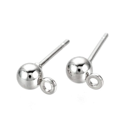 100pc (50 pair) Silver Tone Iron Earring Ball Posts Settings with Loop 15x6.5mm