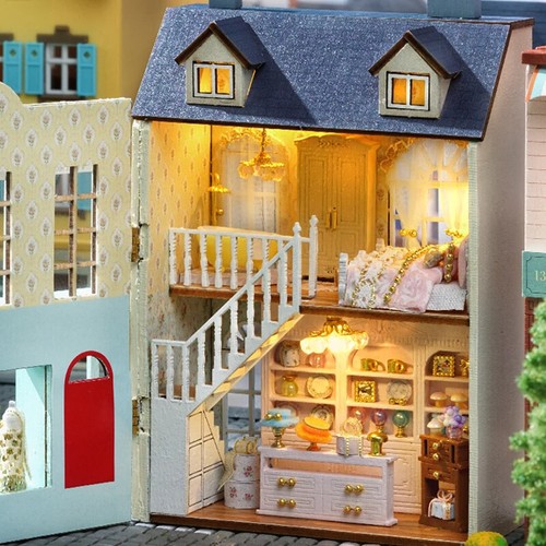 Mini casa de muñecas de madera hágalo usted mismo con muebles luz casa de muñecas casa montaje modelo - Imagen 6 de 32
