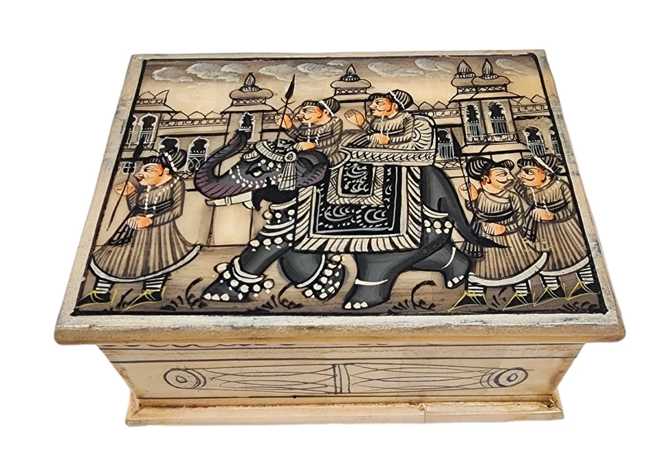 Antigua caja de pintura en miniatura mogol persa pintada a mano tallada vintage Foto 2 de 4