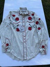 NWT Rockmount Ranch Wear Khaki Rose Embroidered Western Snap Shirt Size L Floral