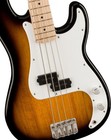 Squier Sonic Precision Bass 2-color sunburst electric bass with white body, black pickguard, and four silver hardware.