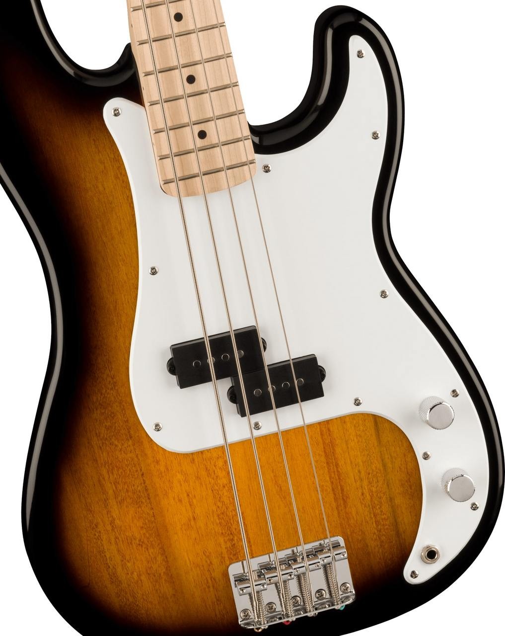 Squier Sonic Precision Bass 2-color sunburst electric bass with white body, black pickguard, and four silver hardware.