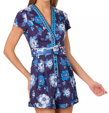 NWT Adrianna by Adrianna Papell Floral-Print Belted Romper Blue Multi Sz 10