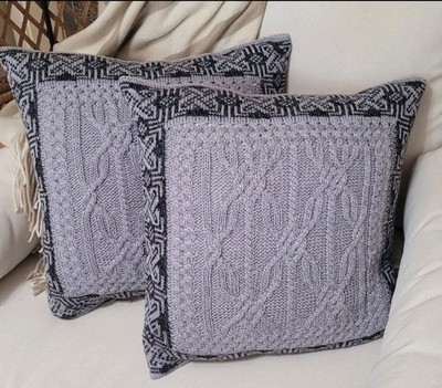 Gray and Black Knitted Throw Pillow Set ARAN MOR Ireland 100% MERINO WOOL Soft