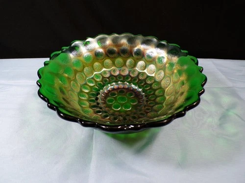 Vintage Fenton Green Carnival Glass Coin Dot Bowl 7 3/4" Wide