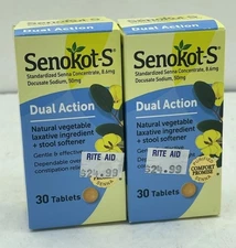 2x Senokot-S Dual Action 30ct Natural Vegetable Laxative Stool Softener 10/27+