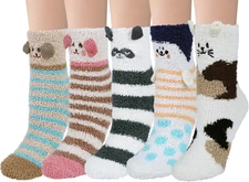 5 Pairs Womens Fuzzy Socks Cozy Soft Fluffy Cute Cat Animal Winter Warm Slipper