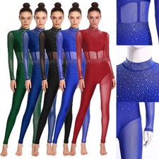 Women Dancewear Patchwork Jumpsuit Dance Bodysuit Long-sleeved Rhinestone Yoga