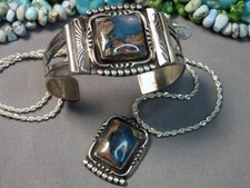 NAVAJO Fred Harvey Era BASALT TURQUOISE Coin Silver CUFF Bracelet PENDANT +Chain