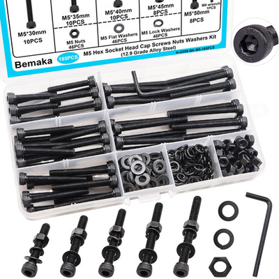 185PCS Black M5 Hex Socket Head Cap Screws, M5 X 30/35/40/45/50Mm Metric Screws