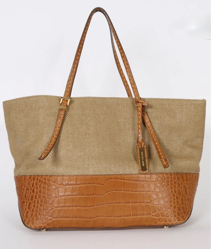 MICHAEL KORS GIA Woven Raffia Straw & Brown Croc Leather LARGE TOTE BAG PURSE - Image 2 of 4