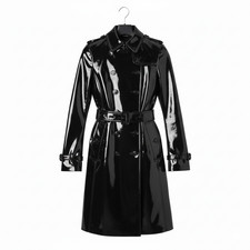 Women Gothic Trench Coat Shiny PVC Faux Leather Black Vinyl Light Weight Jacket