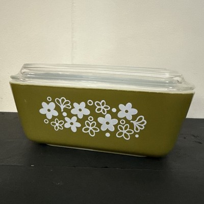 Pyrex Green Crazy Daisy Glass Refrigerator Dish with Lid 1.5 PT 502