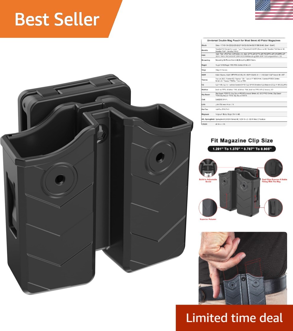 Universal Double Magazine Pouch for 9mm & .40 Cal - Adjustable Retention and Fit-image