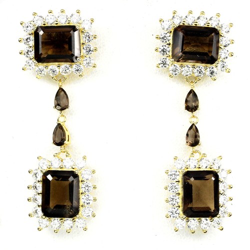 Natural Octagon 10x8mm Top Smoky Quartz &Cz 925 Sterling Silver DANGLE Earrings - Picture 4 of 4