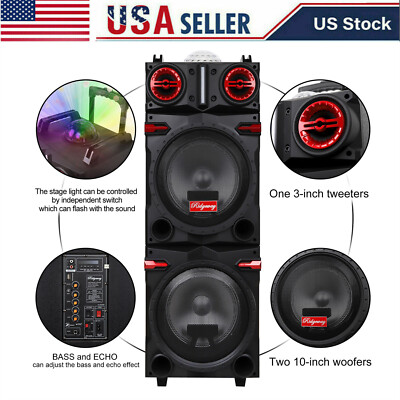 4500W Bluetooth Speaker Subwoofer Dual 10  Rechargable DJ System FM Karaok & Mic