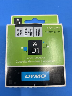 Genuine DYMO D1 Standard 45013 Label Maker Tape, 1/2''W, Black On White