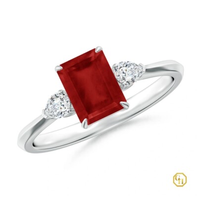 18k Emerald-Cut Gemstone & Pear Moissanite Three stone Ring | White Gold Plated