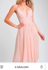 Lulus Love Me To The Moon Blush Pink Sexy Deep V Pleated Midi Dress Medium, Run