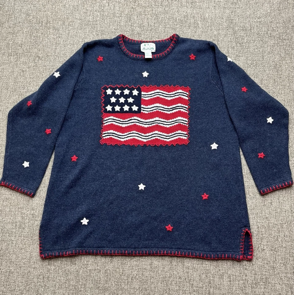 Vintage  Red Blue Quacker Factory Women's Sweater 1X American Pullover USA Flag - Image 3 of 4