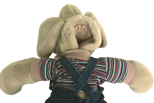GANZ Vintage 80s Wrinkle Dog Hand Puppet Gray Plush w/Blue Denim Overalls 18" - Photo 9/11