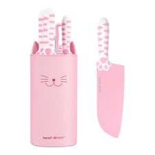 Hecef 5pcs Kitchen Knife Set Stainless Steel  Pink Cat Claw Knife Set with Block