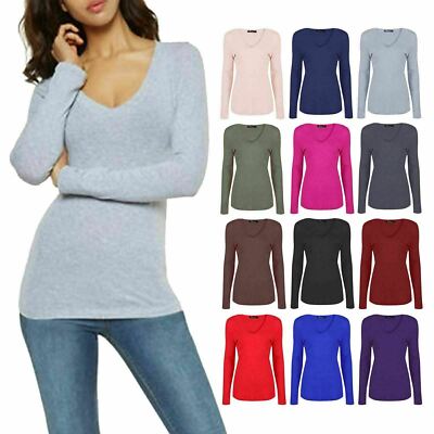 Damen Frauen V-Ausschnitt Langarm Uni Slim Fit Basic Top Stretchy T-Shirt 8-26