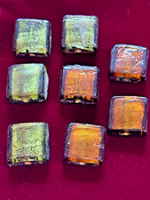 8 Square Foiled Art Glass Beads Rich Green  Brown Tones 15 mm Single Hole Vtg.