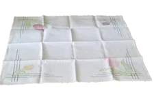 Tablecloth Embroidered Tulip Flowers White Cotton Vintage 33"x35"