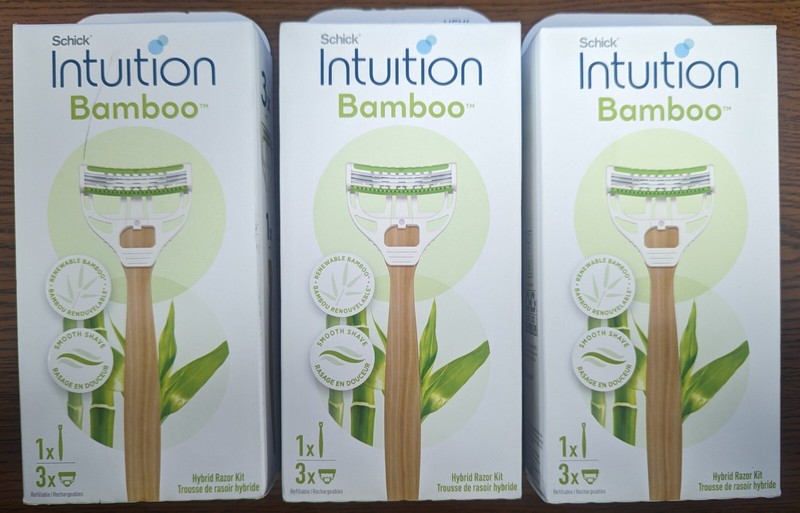 3 PACK SCHICK INTUITION BAMBOO HYBRID RAZOR KIT 1 RAZOR + 3 CARTRIDGES EACH KIT