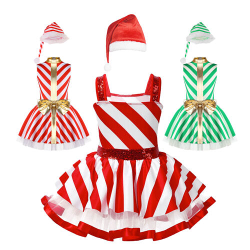 Kids Girls Christmas Dance Dress Striped Figure Ice Skating Leotard Tutu Dress - Picture 1 of 48