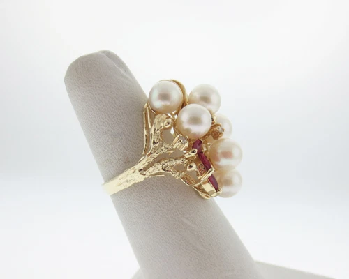 Cultured Pearls Diamonds Rubies Solid 14k Yellow Gold Cluster Cocktail Ring   - Image 3 of 4