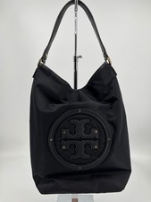 Tory Burch Stacked Logo Hobo Black Nylon Shoulder Bag Open Top Zip Pocket