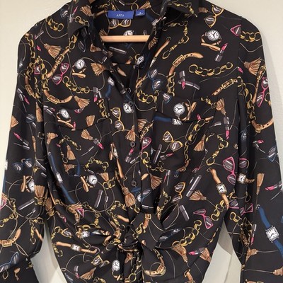 Apt 9 Button Up Blouse Shirt Top Black Witchy Women S Broomstick Whimsigoth Y2K