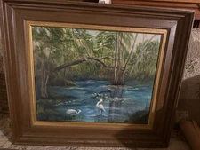 WHITE HERONS IN THE BAYOU, LAGOON, EVERGLADE ORIGINAL PAINTING