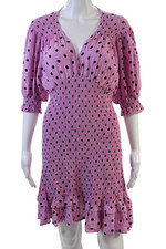 Faithfull The Brand Womens Polka Dot V Neck Smocked Dress Pink Black Size 6
