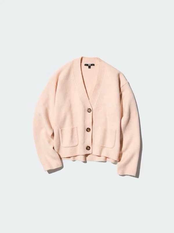 Cárdigan recortado UNIQLO para mujer XL souffle cuello en V rosa preppy