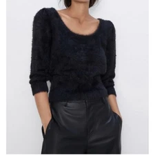 Zara Black Fuzzy Scoop Neck Sweater