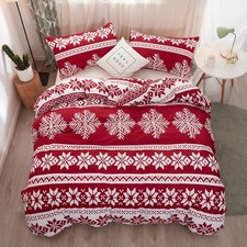 Christmas Duvet Cover Set Queen Size Snowflake Decor Red Bedding Set Luxury H...