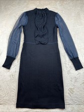 Tory Burch Dress XS Navy Merino Wool Sheer Sleeve Crystal Tie Style 33133416